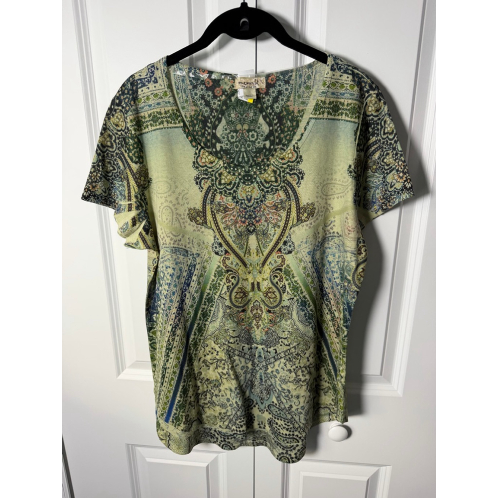 One World Short Sleeve Tee L Green Blue Paisley EUC